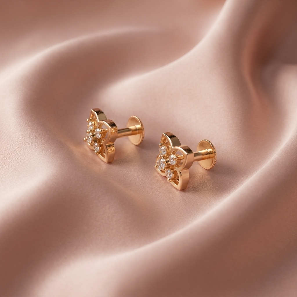 Golden Floral Stud Earrings - Image 2