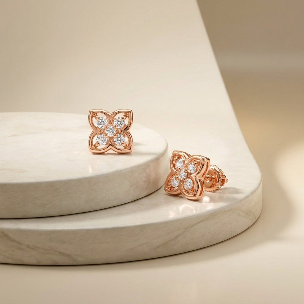 Golden Floral Stud Earrings - Image 3