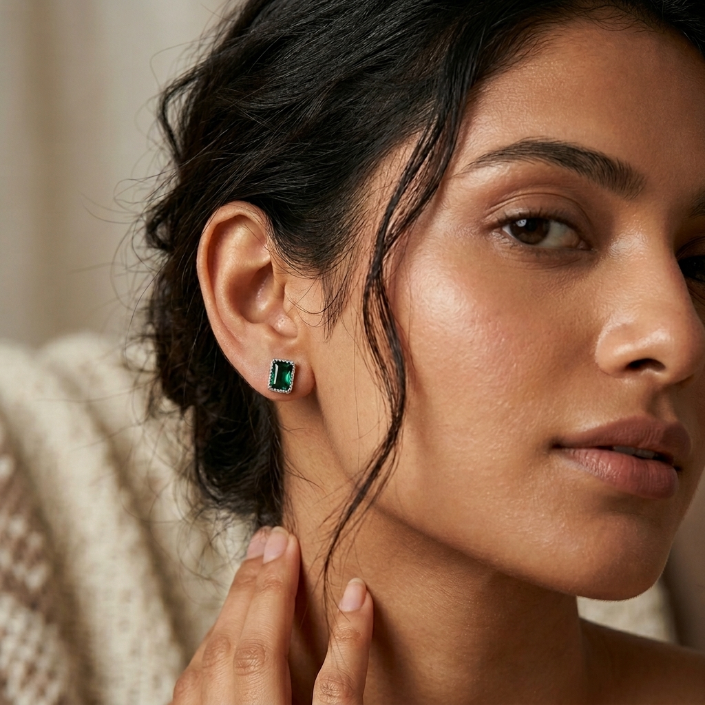 Emerald Green Stud Earrings - Image 3