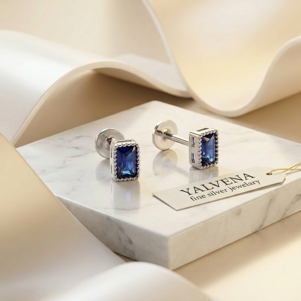 Royal Blue Emerald-Cut Stud Earrings - Image 4