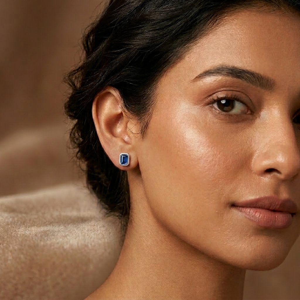 Royal Blue Emerald-Cut Stud Earrings - Image 3