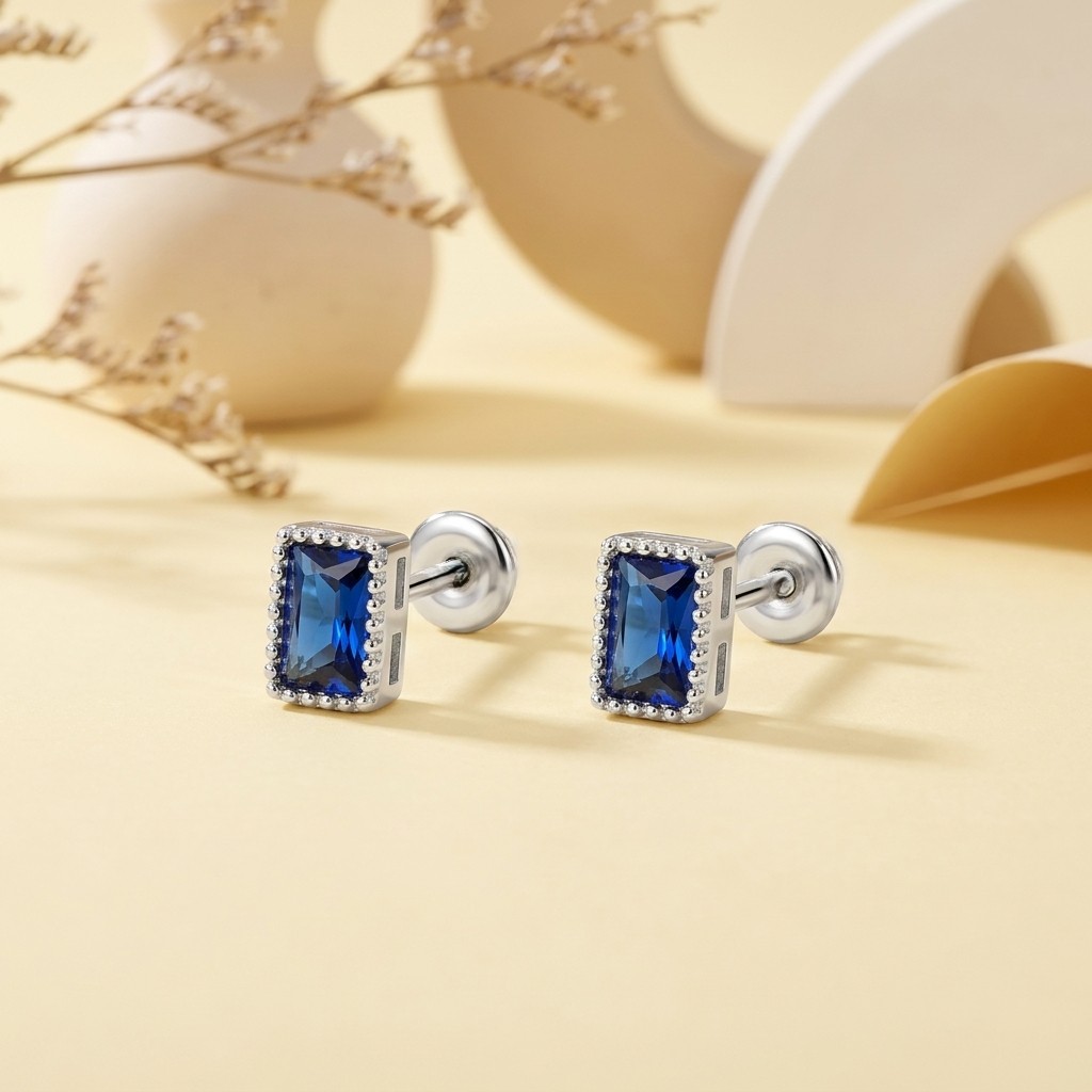 Royal Blue Emerald-Cut Stud Earrings - Image 2